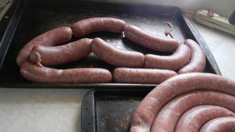 Twisted sausages ready for the freezer